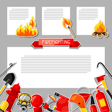 Background with firefighting sticker items. Fire protection equipment