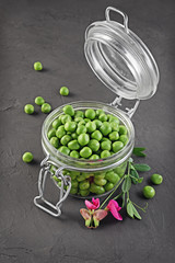 Healthy food. Fresh green peas in open glass jar with pink flowers of sweet pea