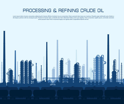 Oil And Gas Refinery Or Chemical Plant With Train Tanks. Crude Oil Pricessing And Refining. Heavy Industry Blue Background. Vector Illustration. 