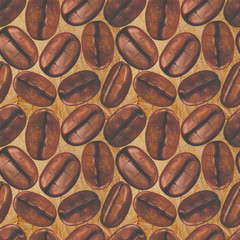 Seamless pattern with watercolor coffee beans on old paper backg