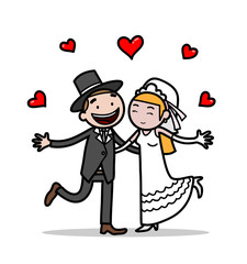 Newlywed Wedding Couple, a hand drawn vector cartoon illustration of a happy wedding couple.