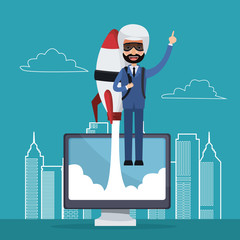 blue color background with city landscape silhouette star up business man flying in rocket on display computer vector illustration