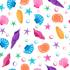 Seamless pattern with hand drawn seashells and starfishes. Cartoon style.