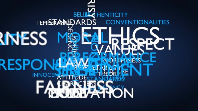 Ethics, moral, values word tag cloud. 3D rendering, loop able, blue variant. UHD.