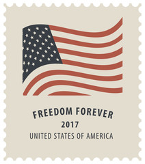 Postage stamp with text and image of the American flag. Vector illustration of USA stamp.