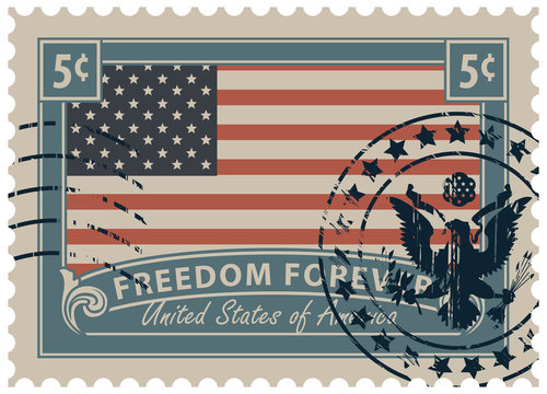 Postage stamp with inscriptions and image of the American flag. Vector illustration of a 5-cent USA stamp with a scratched print.