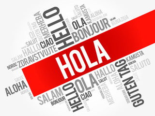 Hola (Hello Greeting in Spanish) word cloud in different languages of the world, background concept © dizain