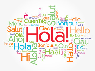 Hola (Hello Greeting in Spanish) word cloud in different languages of the world, background concept © dizain