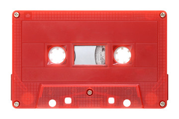 Red audio cassette isolated on background