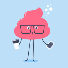 Kawaii pink shit wearing big glasses holding a cup of coffee and smartpone.