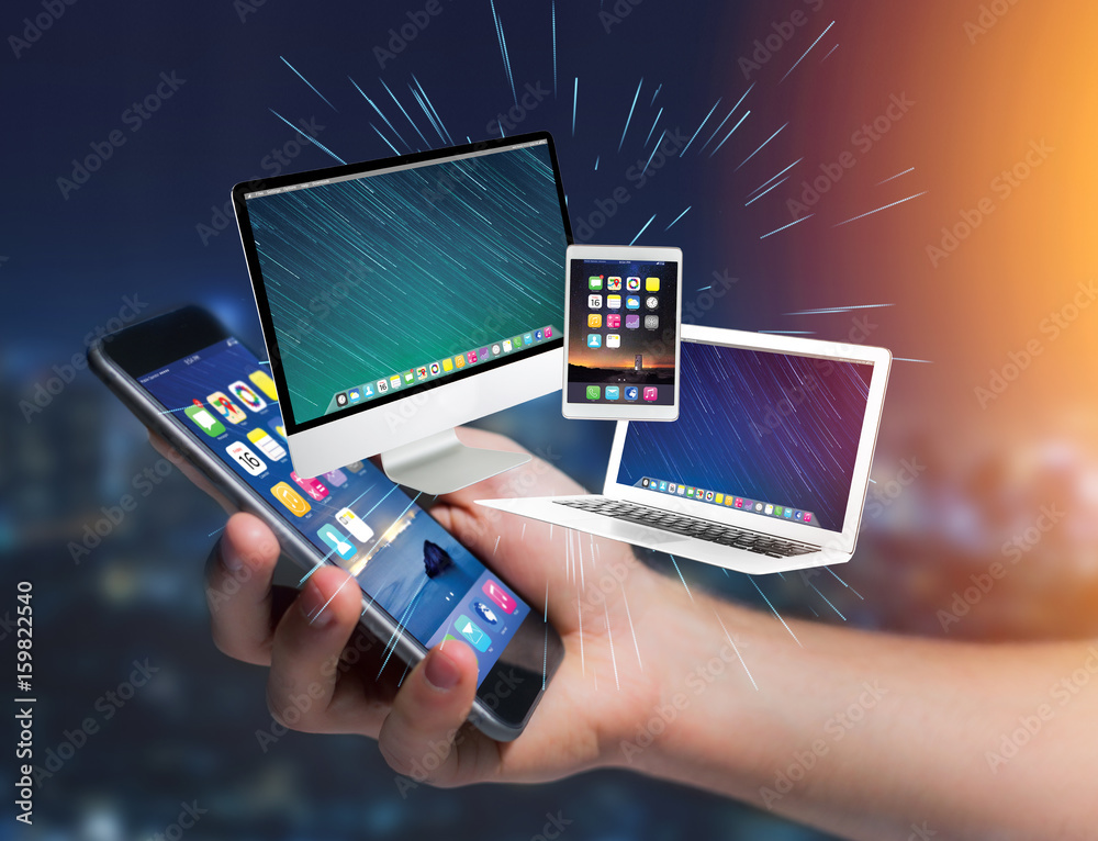 Poster computer and devices displayed on a futuristic interface with business network - multimedia and tech