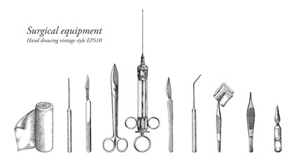 Surgical equipment set hand drawing vintage style