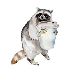 Racoon with coffee mug, animal character isolated on white background watercolor illustration.