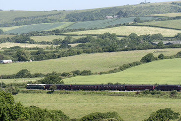 Diesel engine pulling passenger coaches through the Dorset countryside at Harmans Cross on the Swanage Railway line. June 2017 This Swanage Line connects with main line trains at Wareham Dorset.