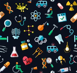 Medicine, colored background, seamless, black, vector.  Colored icons medical services and instruments on a black field. Vector background.  