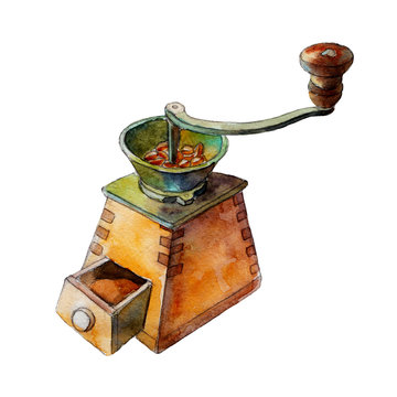 Manual vintage coffee grinder, watercolor illustration in hand-drawn style.