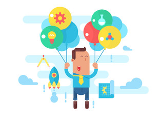 Business man fly with balloons. Concept startup