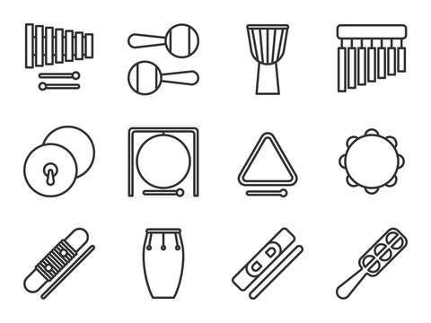 Set of isolated line icon. Percussion musical instrument. Black outline collection. Xylophone, maracas, djembe, chimes, cymbals, gong, triangle, tambourine, guiro, conga, claves, jingle, sistrum.