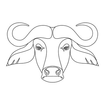 Isolated black outline head of buffalo on white background. Line cartoon face portrait.