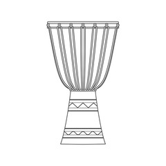 Isolated decorative ornate djembe on white background. Black outline musical instrument.