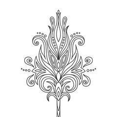 Isolated hand drawn black outline monochrome abstract ornate flower on white background. Ornament of curve lines.