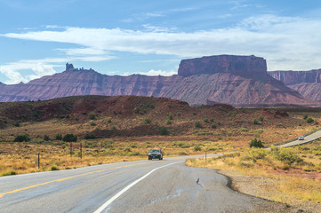 Driving on highway to the Capitol Reef National Park, Utah, USA.