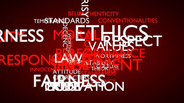 Ethics, moral, values word tag cloud. 3D rendering, loop able, red variant. UHD.
