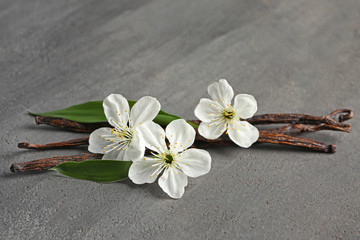 Fototapeta na wymiar Dried vanilla sticks and flowers on grey textured background, closeup