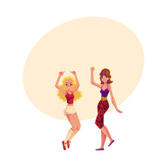 Two girls, women in 80s style aerobics outfit enjoying sport dance workout, cartoon vector illustration with space for text. Retro, vintage style girls, women dancing, aerobic fitness workout
