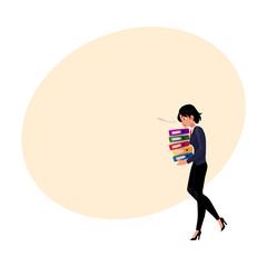Young pretty businesswoman, woman, girl carrying pile of document folders, cartoon vector illustration with space for text. Businesswoman with folders of documents, heavy workload concept