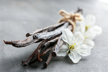 Dried vanilla sticks and flowers on grey textured background, closeup