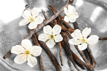 Naklejka na ściany i meble Metal plate with dried vanilla sticks and flowers, closeup