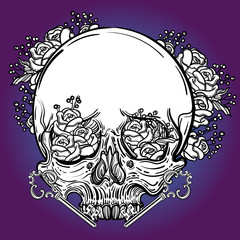 Line art illustration with scary skull and flowers and key. Vintage print for St. Valentine s Day. Sketch for tattoo, hipster t-shirt design, vintage style posters.
