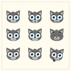 Set funny face wolf different emotion. Collection emoticons of cartoon wolf isolated.