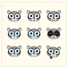Set funny face raccoon different emotion. Collection emoticons of cartoon raccoon isolated.