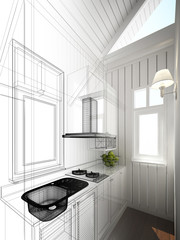 abstract sketch design of interior kitchen ,3d rendering