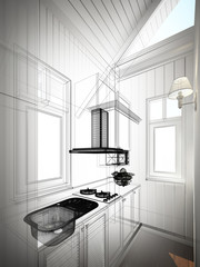 abstract sketch design of interior kitchen ,3d rendering