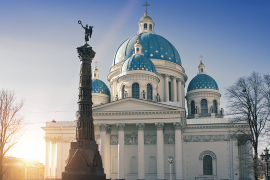 Troitsky (Izmaylovsky) cathedral, 18th century, and a monument "A column of Military glory", 19th century, in memory of the Russian-Turkish war, in St. Petersburg, Russia. Toning..