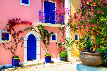 Fototapeta na wymiar Colorful Greece series - charming streets of Assos village in Kefalonica