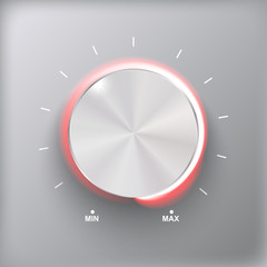 Volume button, sound control, music knob with metal texture and number scale isolated on gray background