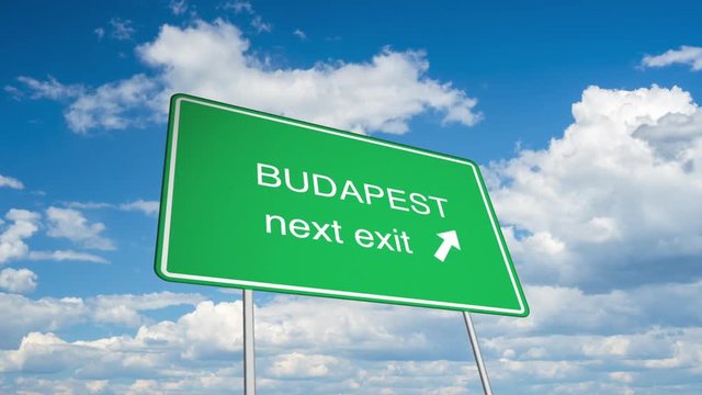 Animated road sign (Budapest), with a time lapsed sky as backdrop. 