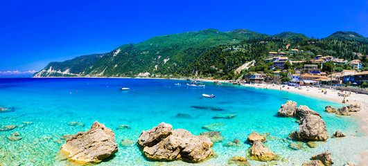 Greek summer destinations. Turquoise beautiful beaches  of Lefkada island, Agios Nikitas village...