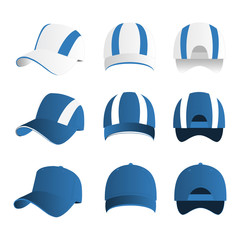 Strip baseball cap light blue color with colored mesh and adjustable rubber strap isolated vector set