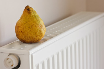 Pear on the radiator. A warm place. Warmth and care. Ripe pear. Maturation
