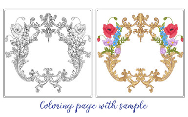 Set or outline and colored summer flowers bouquet of poppy, daff