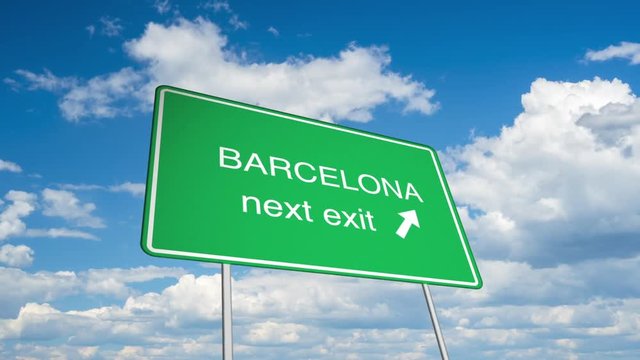 Animated road sign (Barcelona), with a time lapsed sky as backdrop. 