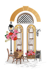 Series of Café entrances, retro restaurant windows decorated with flowers and cafe tables. 
