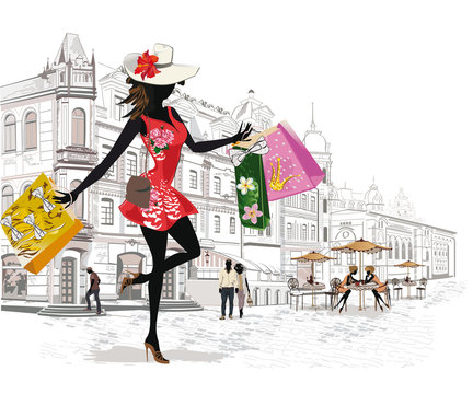 Fashion Girl Shopping In The Old City. Series Of Architectural Backgrounds.