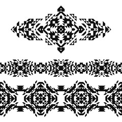 Set of 2 seamless borders and 1 ethnic ornament in american indian style. Triangle Embroidery. Navajo background. Textile geo prints.