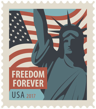 Postage stamp with New York Statue of Liberty, the flag of United States of America and the word freedom forever.